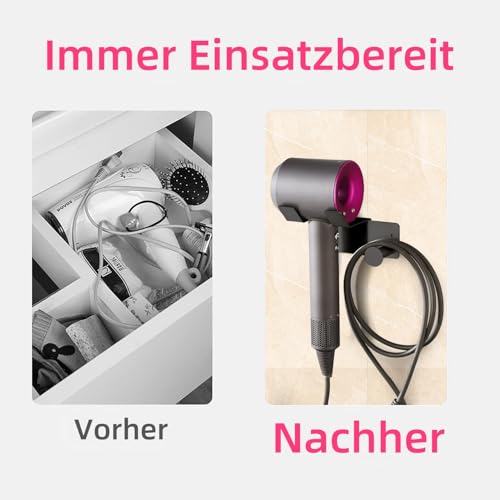 UEMUSI Föhn Halterung, Fönhalter Ohne Bohren, SUS304 Edelstahl Föhnhalter Wand Ohne Bohren Geeignet für die Meisten Haartrockner, Föhn Halterung Ohne Bohren fürs Badezimmer Schwarz