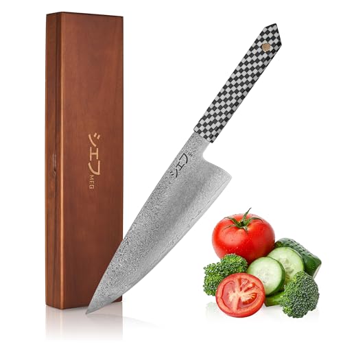 MEG cuchillo de Chef Gyuto 205mm forjado en Damasco de 67 capas, mango hexágono en resina, certificado para uso profesional, caja madera acacia ideal para regalo
