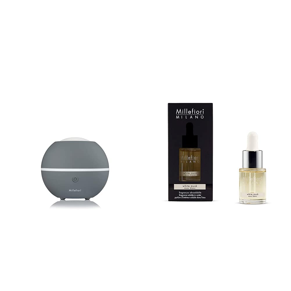 Millefiori Diffusore Ad Ultrasuoni Hydro Sfera, Grigio & Idrosolubile, da Utilizzare con Diffusore di Fragranza per Ambiente ad Ultrasuoni Hydro, White Musk, 15 ml