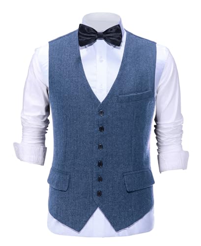 Tuikayoo Mens Herringbone Suits Vests Wool Business Tweed Retro Waistcoats Groomsman Slim Fit(Small, Light Blue)