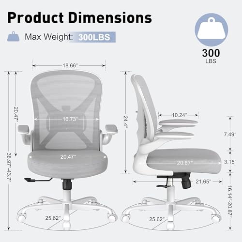 Image of Ergonomic Office Chair with Adjustable Lumbar Support, 300 lbs Swivel Desk Chair with Flip-Up Arms, Mesh Comfy Padded Seat for Computer and Home, Grey