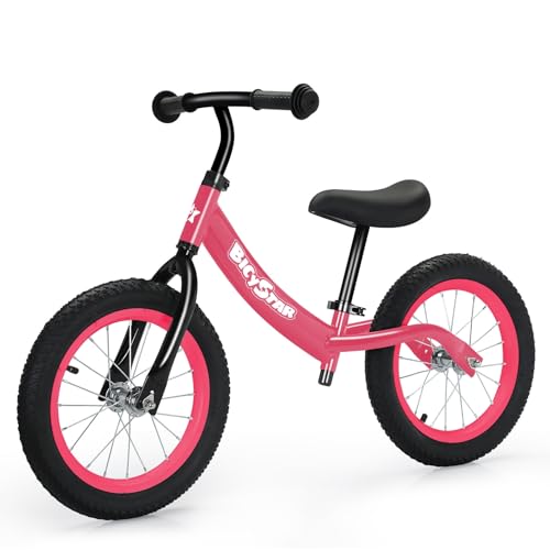 bicystar 14 Inch Balance Bike for Kids 3-7 Year Old, Bike with No Pedals, Air Rubber Tires, Adjustable Height, Foot Rest, Pedalless Bicycle Boys, Girls (Pink)