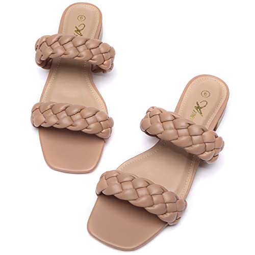 Athlefit Women'S Square Open Toe Braided Sandals Slip On Low Block Heel Nude Slide Sandals Size 8.5 thumb #3