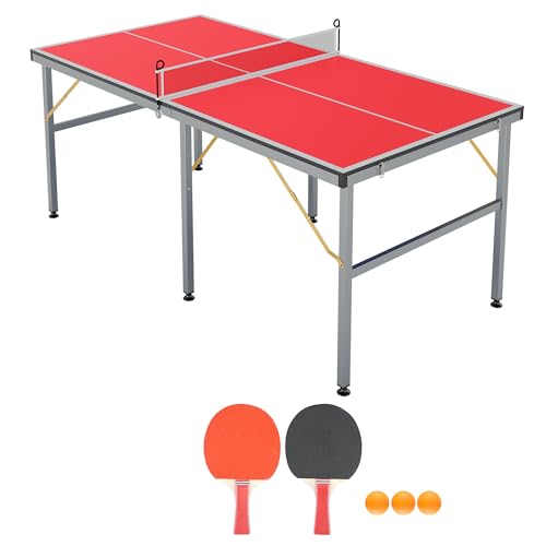 GarveeLife Professional Outdoor Table Tennis Tables,6x3FT Indoor/Outdoor Portable Ping Pong Table Game with Net for Adults/Teens,2 Table Tennis Paddles and 3 Balls Red