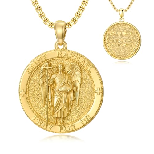 St Raphael Necklace for Men 14K Gold Plated Saint Raphael the Archangel Pendant San Rafael Arcangel Medalla Healing Protection Religious Jewelry for Women