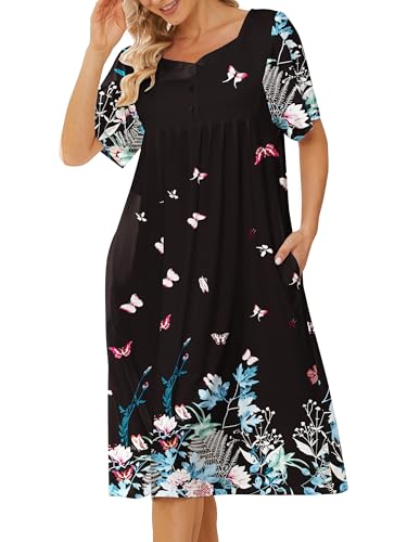 House Dresses for Women with Pockets Mumu Dresses Short Sleeve Moo Moos for Women Nightgown Duster Lounge Dress S-3XL