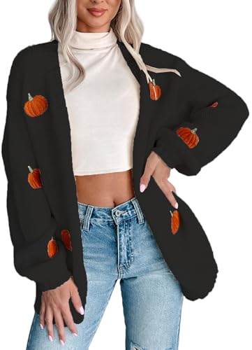 Image of Women Holiday Sequin Cardigans Funny Graphic Button Embroidered Sweaters Cute Open Front Knit Long Sleeve Coat Tops