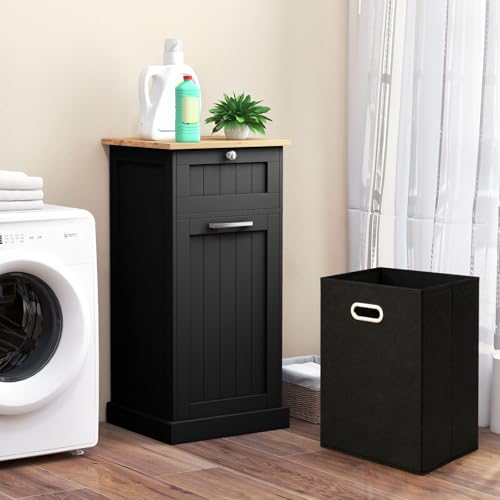 GIANTEX Armario de Lavandería con Cajón y Cesto para Colada Extraíble, Armario de Madera para Ropa Sucia, 40 x 37 x 82 cm, Mueble de Almacenamiento para Baño, Lavandería (Negro) - imagen 4