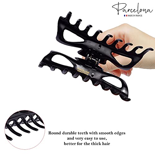 Parcelona French Classic Jumbo Large 5 1/2" Celluloid Acetate No Slip Grip Covered Spring Jaw Hair Claw Clip For Women Durable Styling Volume Hair Accessories Women Strong Hold Girls Hair Claw Clips, Made In France (Solid Black) #TOP3