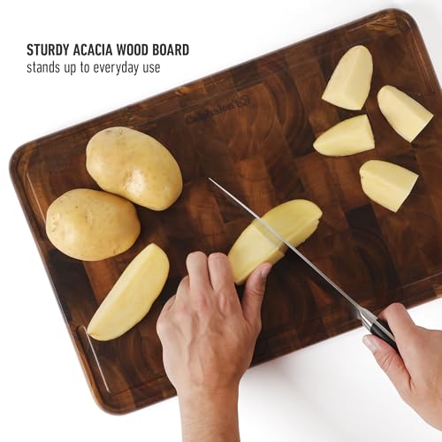 Image of Calphalon Edge Guard Cutting Board, 18 x 12-Inch End-Grain Acacia Wood Cutting Board, Heavy-Duty Wooden Chopping Block for Stable Meal Prep