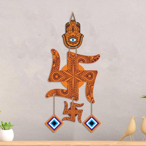 Image of Artvibes Traditional Swastik Wall Hanging with Hamsa Hand & Evil Eye Charms | Wooden Vastu Decor for Home Entrance | Temple | Spiritual Hanging for Prosperity | Protection and Good Luck (WH 85104N)