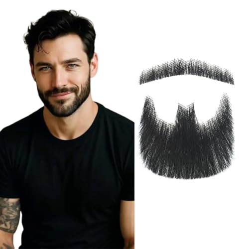 Fake Mustache & Fake Beard Handmade Human Hair Mustache Invisible Lace Design for Daily use Role-playing Drama Halloween Fashion Parties and any Venue Highlighting Personal Style. (Black-3)