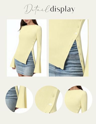 Women Side Split Button Down Sweater Solid Boat Neck Flared Long Sleeve Ribbed Knit Shirt Casual Asymmetric Sweaters4