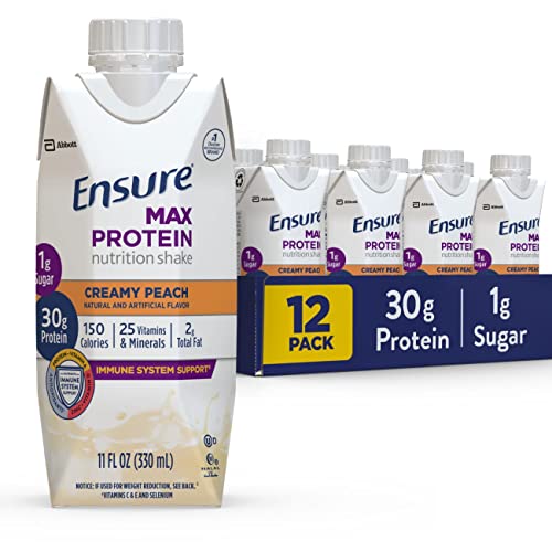Ensure Max Protein Nutrition Shake, with 30g of Protein, 1g of Sugar, High Protein Shake, Creamy Peach, 11 fl oz, 12 Count