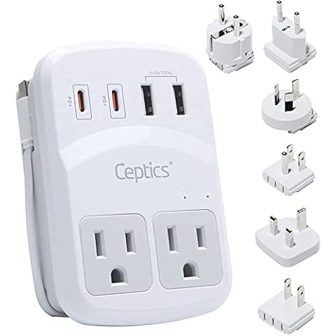 Ceptics World Travel Adapter Kit 2 USB-A, USB-C US Outlets, 20W/QC 18W Power Delivery, Surge Protection, SWADAPT Compatible for Europe, UK, China, Australia, Japan Perfect Laptop (WPS-5B) Cover