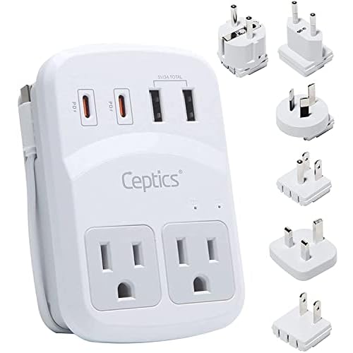 Ceptics World Travel Adapter Kit 2 USB-A, USB-C US Outlets, 20W/QC 18W Power Delivery, Surge Protection, SWADAPT Compatible for Europe, UK, China, Australia, Japan Perfect Laptop (WPS-5B)