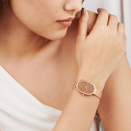 Image of Joker & Witch Enola Brown Small Oval Dial Rose Gold Mesh Strap Women's Watch