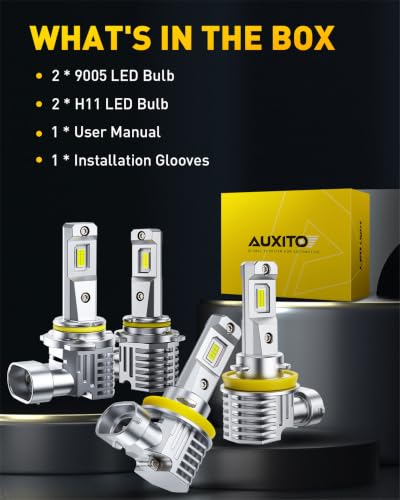 Image of AUXITO H11 9005 Bulbs 180,000LM 6500K White, Plug and Play,4PCS | 1200% Brighter than Halogen, IP68 Weatherproof for Mud & Downpours, OEM Mini Design, 3-Min Install, 99% Compatibility