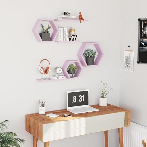 Image of Wooden Floating Shelves Wall Mounted - Set of 6 Hexagon Shelves Display for Photos,Plants,Rustic Honeycomb Shelves for Living Room, Bedroom,Bathroom, Kitchen, Office (Pink)