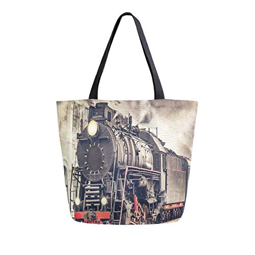 Hunihuni Canvas Tote Bag Vintage Express Steam Train Large Reusable Grocery Bags Shopping Shoulder Handbag for Woman Girl steampunk buy now online Hunihuni Canvas Tote Bag Vintage Express Steam Train Large Reusable Grocery Bags Shopping Shoulder Handbag for Woman Girl steampunk buy now online