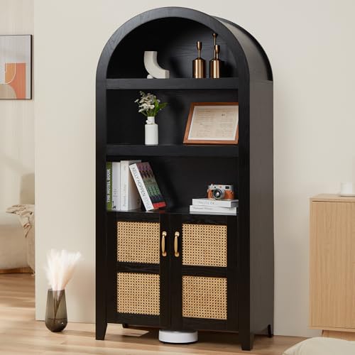 HABUTWAY 72'' Arched Storage Cabinet with Beech-Rattan Door, Tall Arched Pantry Bookshelf with Adjustable Shelves, Modern Farmhouse Wooden Bookcase Kitchen Pantry Cabinet for Living Room (Black)