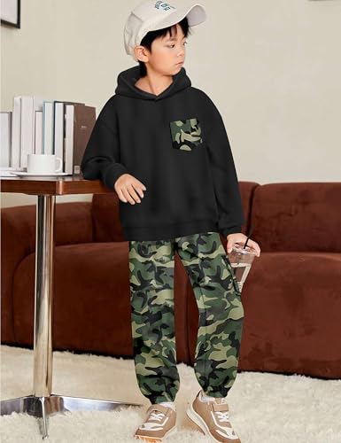 Image of KANGKANG Boys Clothes Two Piece Long Sleeve Hooded Sweatshirt Top Camouflage Sweatpants Fall Outfits Winter Clothes Set 6-16Y