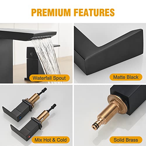 Besy Matte Black Bathroom Faucet 3 Holes Two Handles Lavatory Vanity Sink Faucet Widespread 8 Inch Bathroom Sink Faucet, Waterfall Bathroom Sink Faucet With Supply Hoses, Basin Brass Faucet Mixer Taps #TOP6