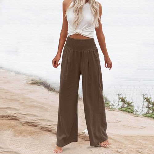 Boho Linen Palazzo Pants for Women Wide Leg Summer Lounge Pant Beach Vacation Casual Elastic High Waisted Trousers2