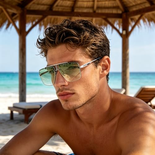 Image of Rimless Oversized Square Sunglasses for Men Trendy Fashion Big Shades Tinted Lens Gold Metal Frameless Glasses UV400