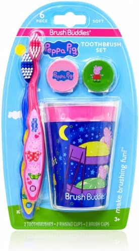 Brush Buddies Peppa Pig Kids Toothbrushes Kit Manual Toothbrushes for Kids Toddlers 3+ Years Travel Toothbrush Kit with Covers Cups 6PC Soft Bristles Rounded Head Easy Grip Handle Oral Care Set image 3