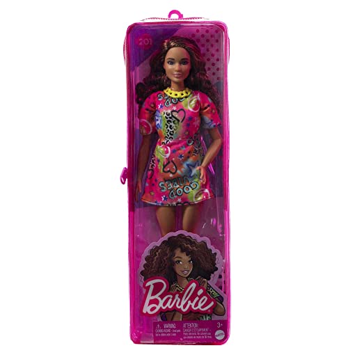Barbie Fashionistas Doll #201 With Athletic Body, Curly Brunette Hair, Graffiti-Print Dress & Accessories #TOP6