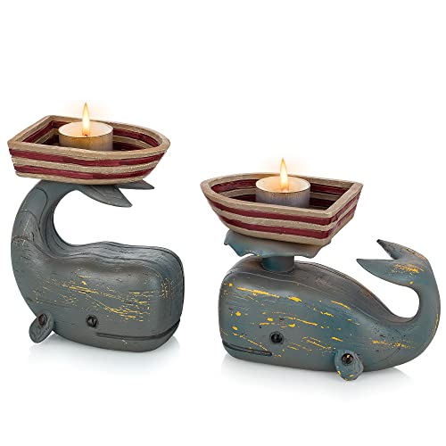 Romadedi Whale Nautical Candle Holders Decor: Set Of 2 Hand-Painted Ocean Beach Themed Tealight Candle Holder Distressed, Rustic Coastal Home Decorations For Bathroom, Bedroom, Kitchen, Grey Blue #TOP10