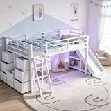 Bellemave Twin Loft Bed with Slide & Ladder, Metal Kids Loft Bed with Storage Drawers & LED Lights, Low Loft Bed Twin Size with Wood Wardrobe & Bookcase, Loft Bed for Kids Teens, White