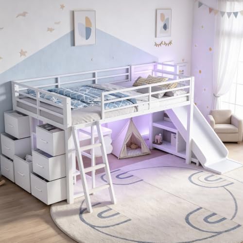 Bellemave Twin Loft Bed with Slide & Ladder, Metal Kids Loft Bed with Storage Drawers & LED Lights, Low Loft Bed Twin Size with Wood Wardrobe & Bookcase, Loft Bed for Kids Teens, White