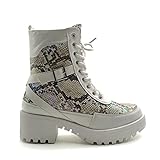 Angkorly - Chaussures Mode Bottines Baskets Rangers Motard Motarde Moto Biker Femme imprimé Animal Effet Peau de Serpent Python Lanières croisées Talon Bloc 6 CM - Blanc 4 - FR351 T 39