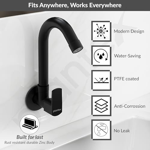 Image of Plantex Single Lever Kitchen Sink Tap with Water Saving Aerator and Brass Spindle Tap /Quarter Turn Sink tap for Kitchen Basin with Wall Flange and Teflon Tape (Saga-Black)