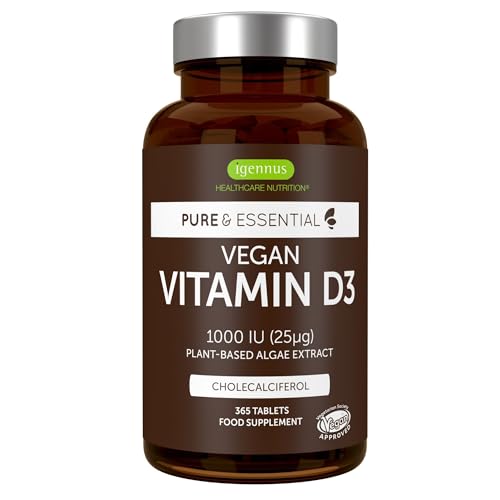Vitamin D3 1000 IE vegan, 1 Jahresvorrat, Cholecalciferol, 100% pflanzlich aus Algenextract, 365 Tabletten, von Igennus