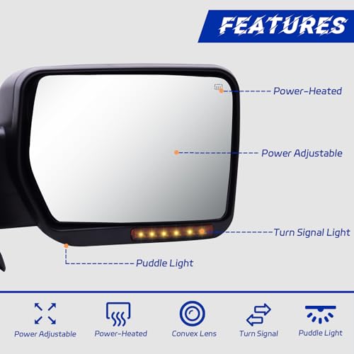 Towing Mirrors Left Driver Side Compatible with 2007-2014 Ford F-150 Puddle Light, Amber Turn Signal, Electric Adjustable Glass, Heated, Flat Mirror Electric Adjustment, Left - Thumbnail 2