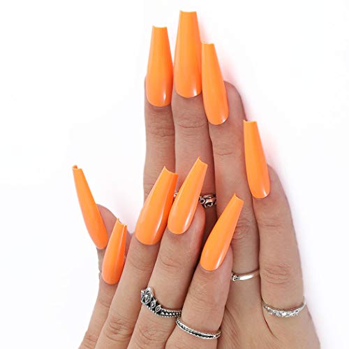 Harosy Coffin Press on Nails Black Extra Long Fake Nails Ballerina Glossy Full Cover Artificial Nails for Women and Girls 24Pcs (Black) (Orange)
