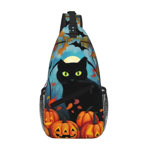 Halloween Black Cat Casual Sling Backpack Crossbody Chest Bags for Unisex Fall Pumpkin Leaf Adjustable Shoulder Bag Multipurpose Daypack