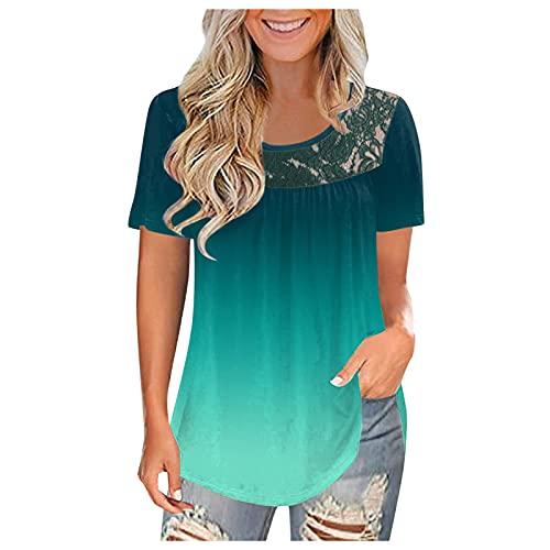 Hessimy Summer Tops for Women with Sleeves, Womens Lace Short Sleeve Tops for Women V Neck Casual T Shirt Solid Color Tunic Gradient Floral Print Summer Blouse