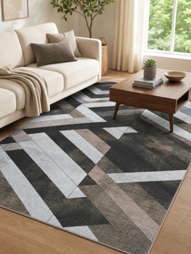 Image of CASA-NEST Modern Geometric Velvet Rug (4x6 ft), Anti-Slip Grip, Soft Printed Decorative Carpet for Office & Home - Grey Prism Geometric