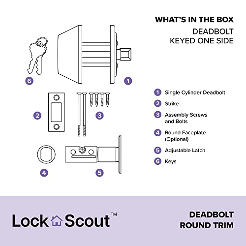 Lock Scout XSD60 DB 619 RND Deadbolt With Round Trim, Keyed 1 Side, Satin Nickel Finish thumb #2