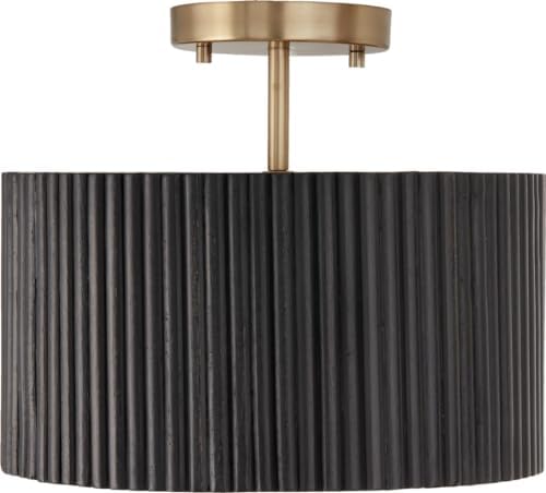 Capital Lighting 250711KR Donovan Modern Mango Wood Drum Convertible Semi Flush/Pendant, 1-Light 100 Watt, 12" H x 13" W, Black Stain & Matte Brass