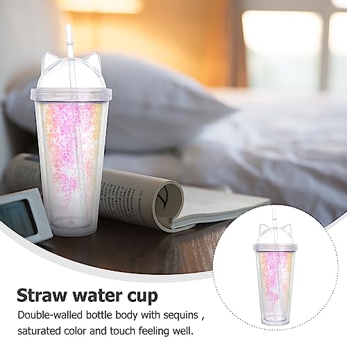 Cabilock Dome Cups Reusable Cat Ear Bottle Double Walled Cup Water Cup Fashion Portable Glitter Straw Cup Sequin Cup Insulated Travel Coffee Mug Clear Water Bottles