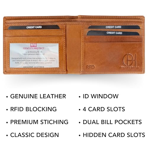 O'Hare Bags Genuine Leather Bifold Wallet for Men - RFID Blocking - Cowhide Leather - Slim, Extra Capacity Wallet - Extra Strong Stitching - Premium Gift Box (Bifold, Tan)2