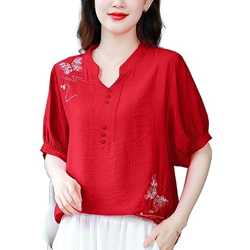 T-shirt mince rouge mode et chemise ample rose col V manches courtes en coton