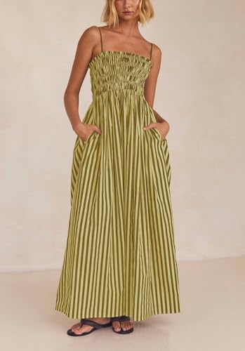 Image of KMBANGI Women Striped Sleeveless Maxi Dress Swing Patchwork Midi Dress Smocked Spaghetti Strap Colorful Long Sundress