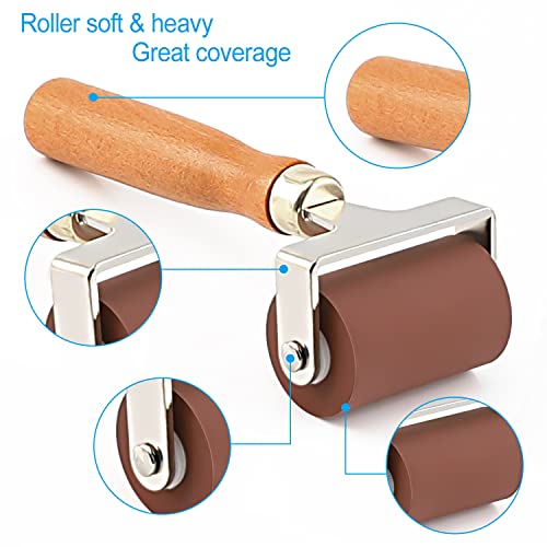 Image of Rubber Roller, Ideal for Anti Skid Tape Construction Tools, Print, Ink and Stamping Tools (2.5-Inch, Brown Roller /Wooden Handle)