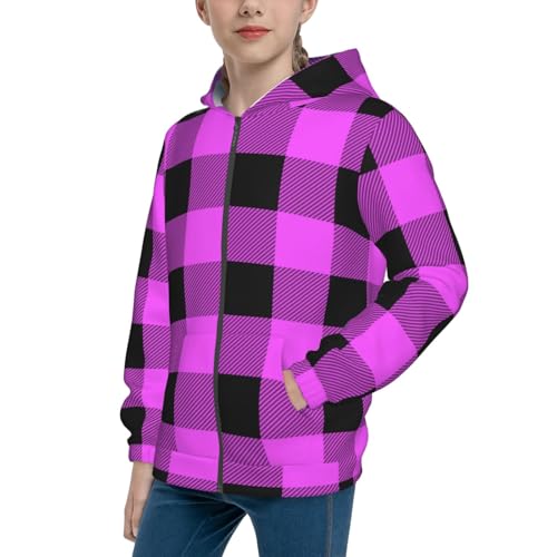 Purple Black Buffalo Plaid Kids Pullover Hoodies Boys Zip Up Sweatshirts Girls Athletic Clothes with Pocket